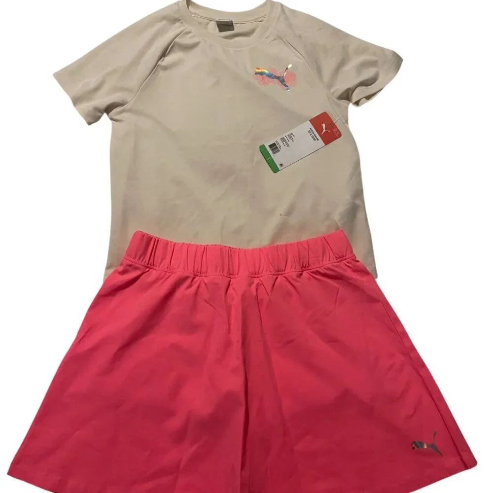 PUMA skirt-short set for girls, size L in pink and beige. Made in Cambodia.